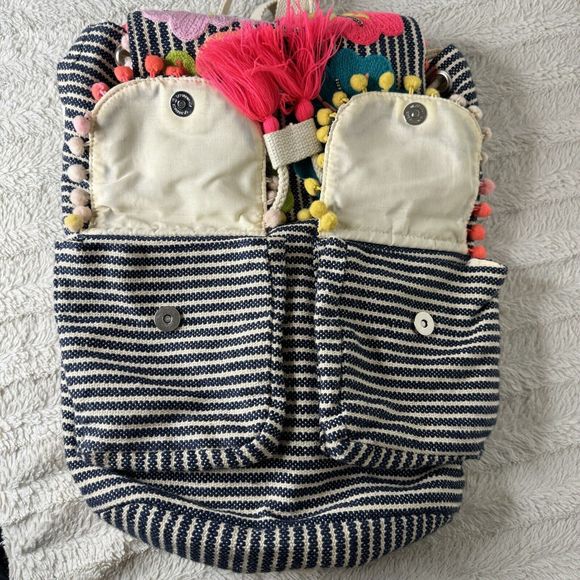 A&B America And Beyond Embroidered Floral Backpack Pom Poms Tassels Neon *Flaw - Picture 7 of 16